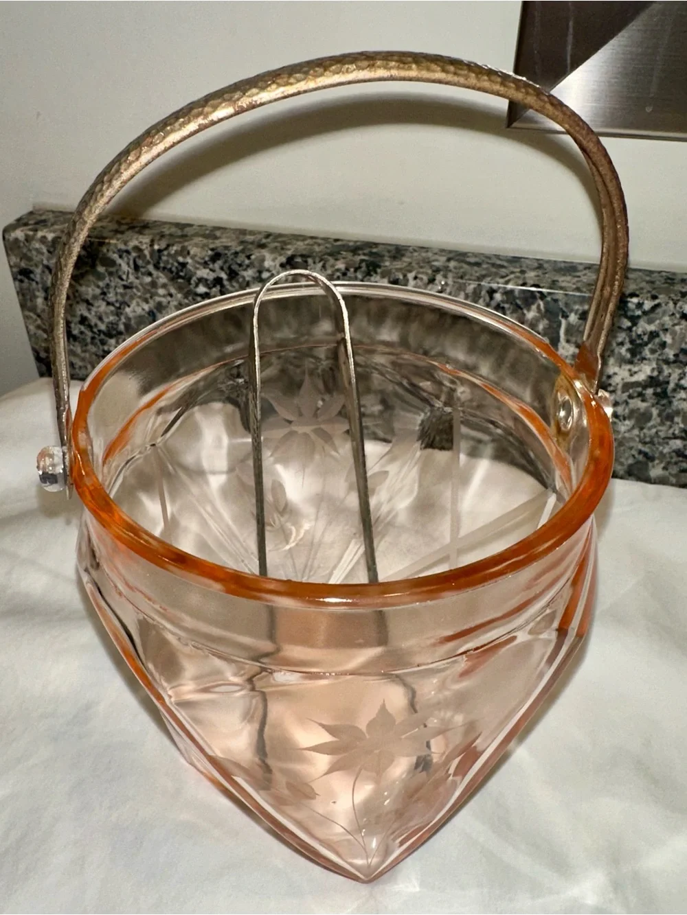 Vintage Pink Depression Glass Art Deco Ice Bucket & Tongs Set